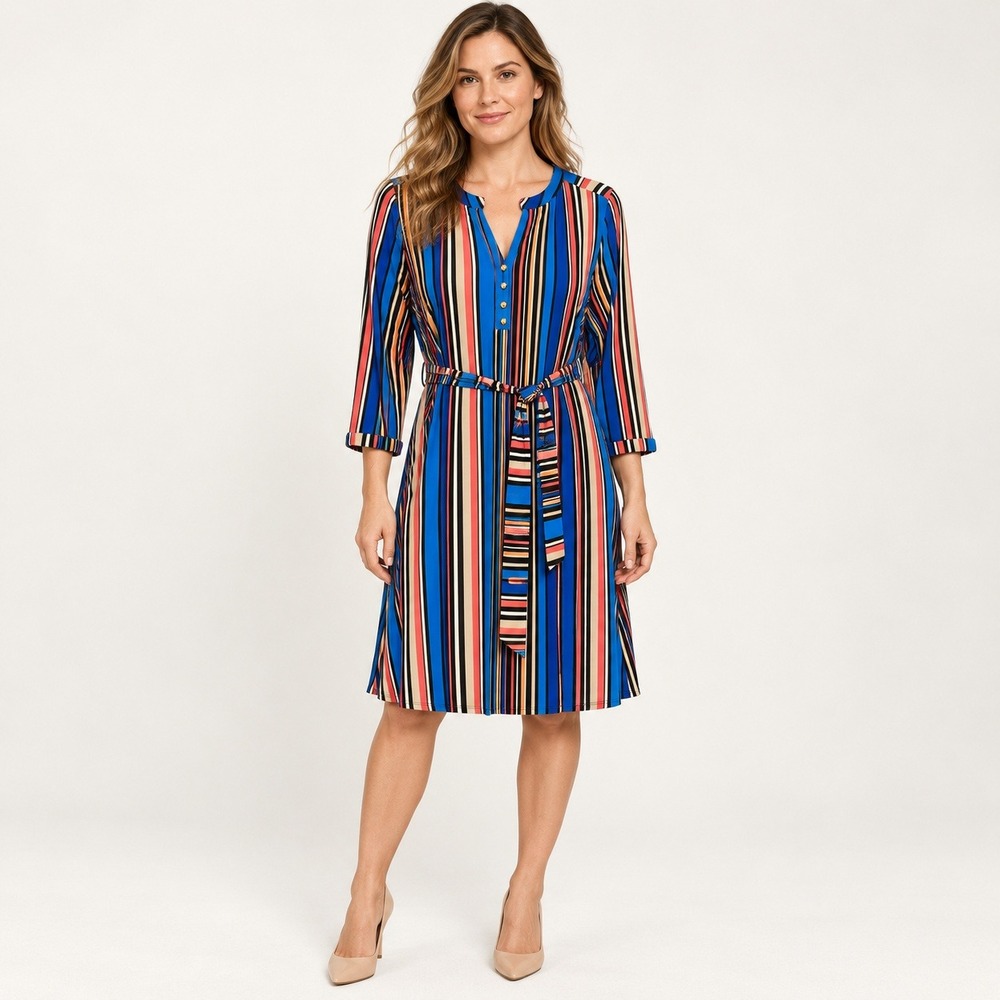 Dana Buchman Blue Multi Color Striped Belted V-Neck Dress Size L 3/4 Sleeve